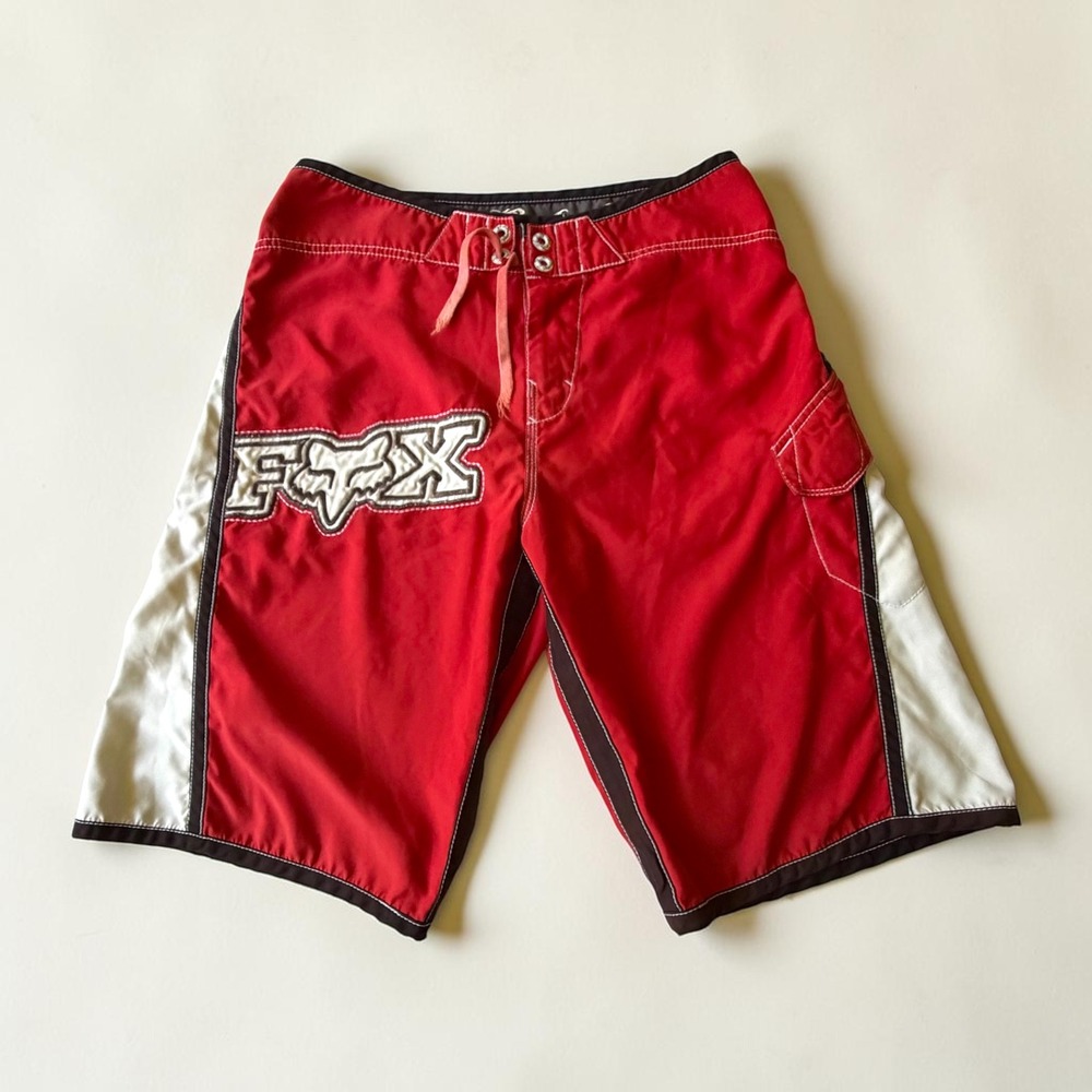 Y2K Fox Racing Board Shorts Red Black Moto Surf Skater Swim Trunks 32
